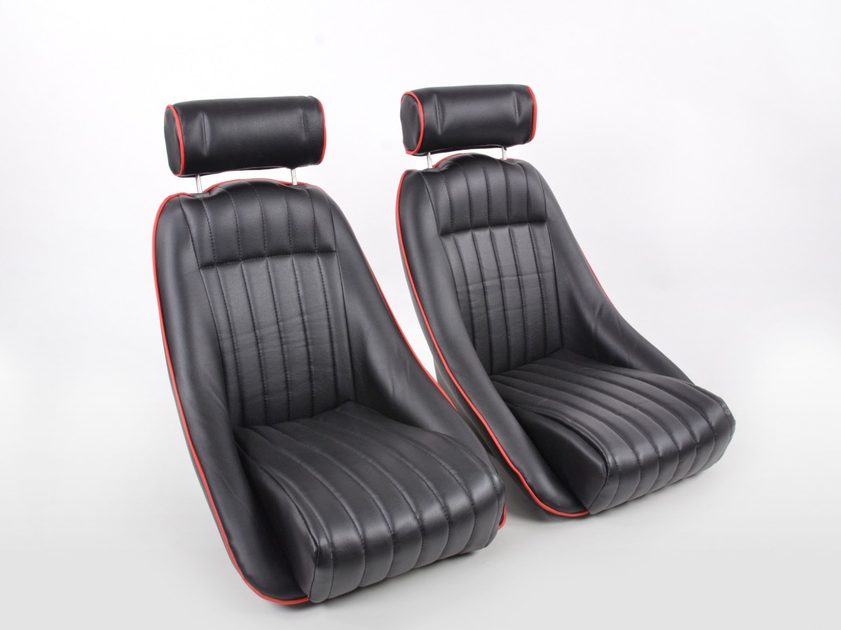 Retro Oldtimer Car Sports Seats Classic 2 Faux Black Leather Red Pipe