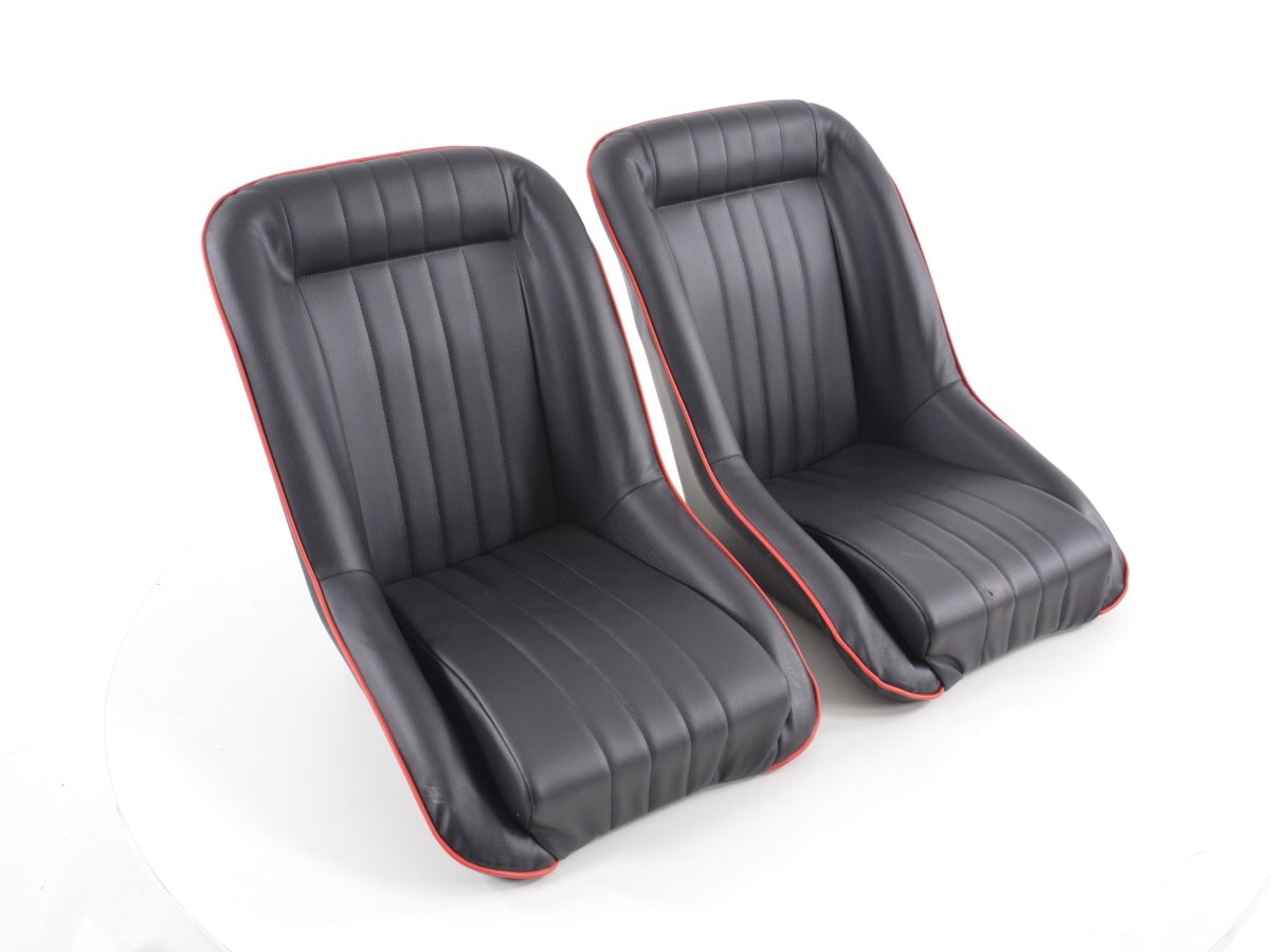 Retro Look Oldtimer Car Bucket Seats Black Faux Leather Red Pipe Seam