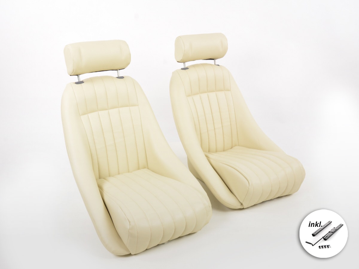 Retro Oldtimer Car Sports Seats Classic 2 Beige Faux Leather Headrests