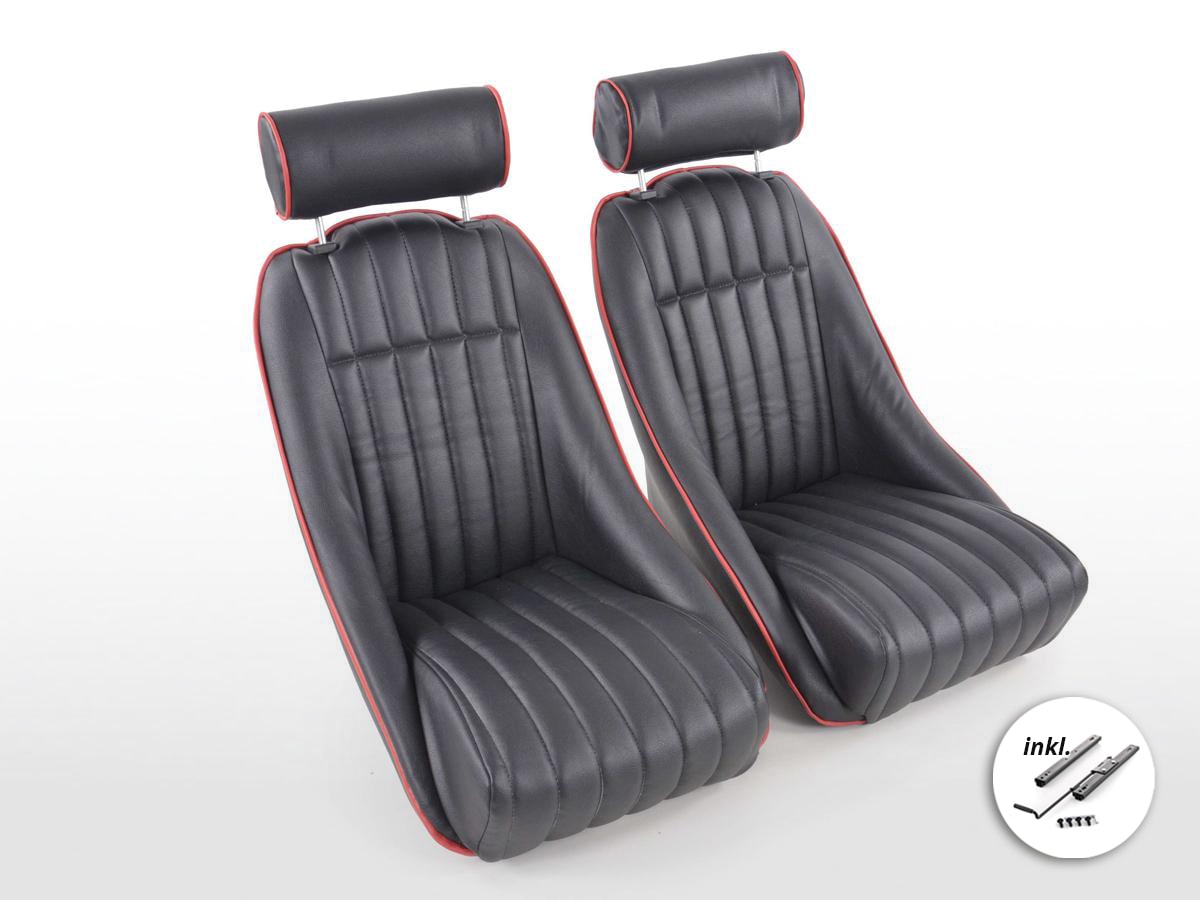 Retro Sports Classic Car Bucket Seats Set Black Faux Leather with rails ...